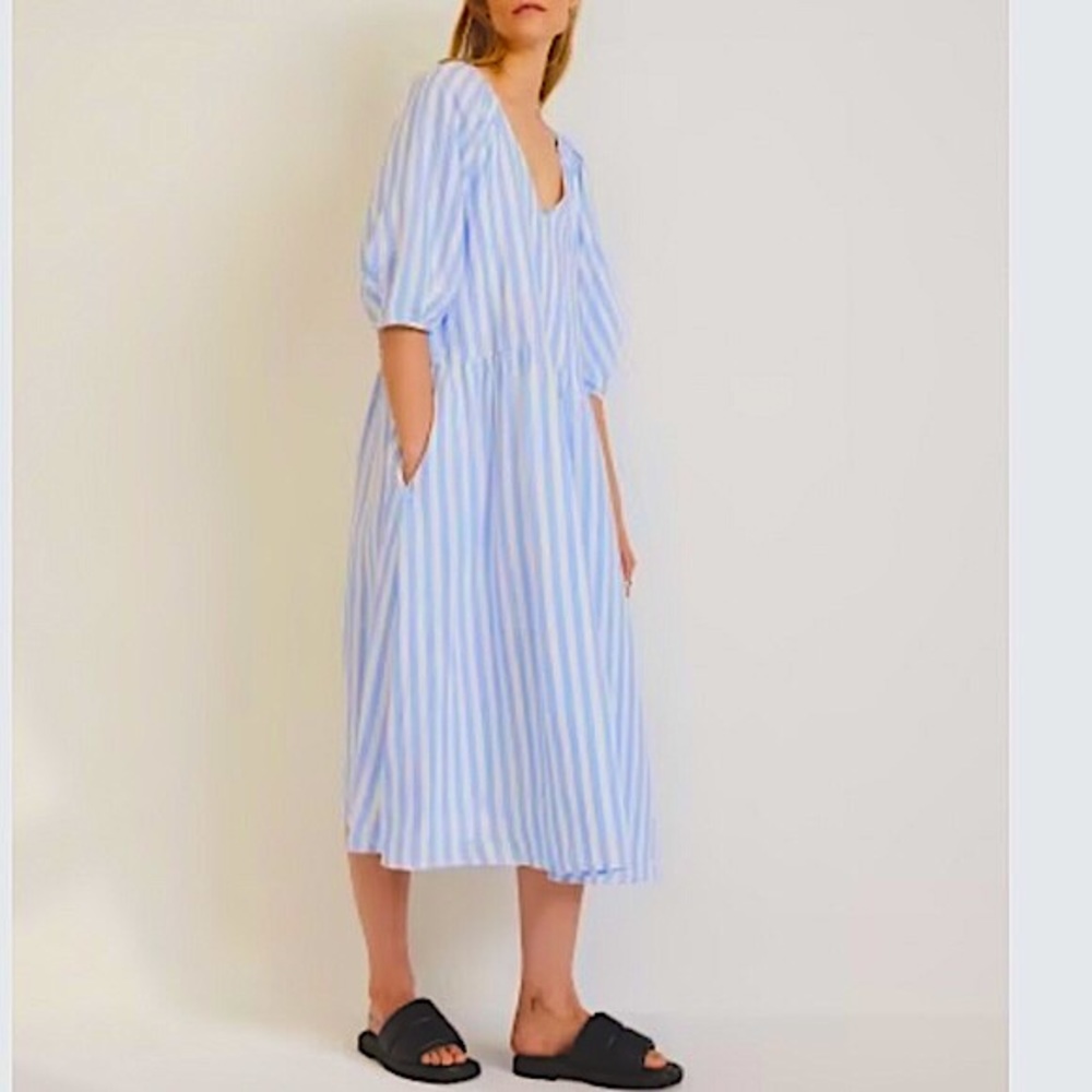 Everlane Linen Blue and White Striped Midi Dress